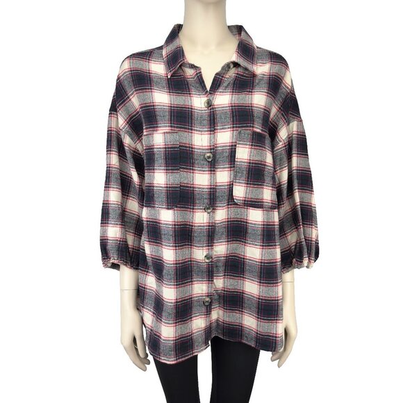 HARVE BENARD Plaid Red White Black & Blue Button Up 3/4 Sleeves Shirt Size XL - Picture 1 of 9